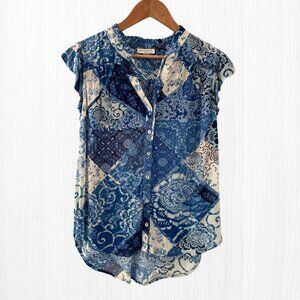 LOVESTITCH Blake Flutter Sleeve Top | Blue Floral Patchwork